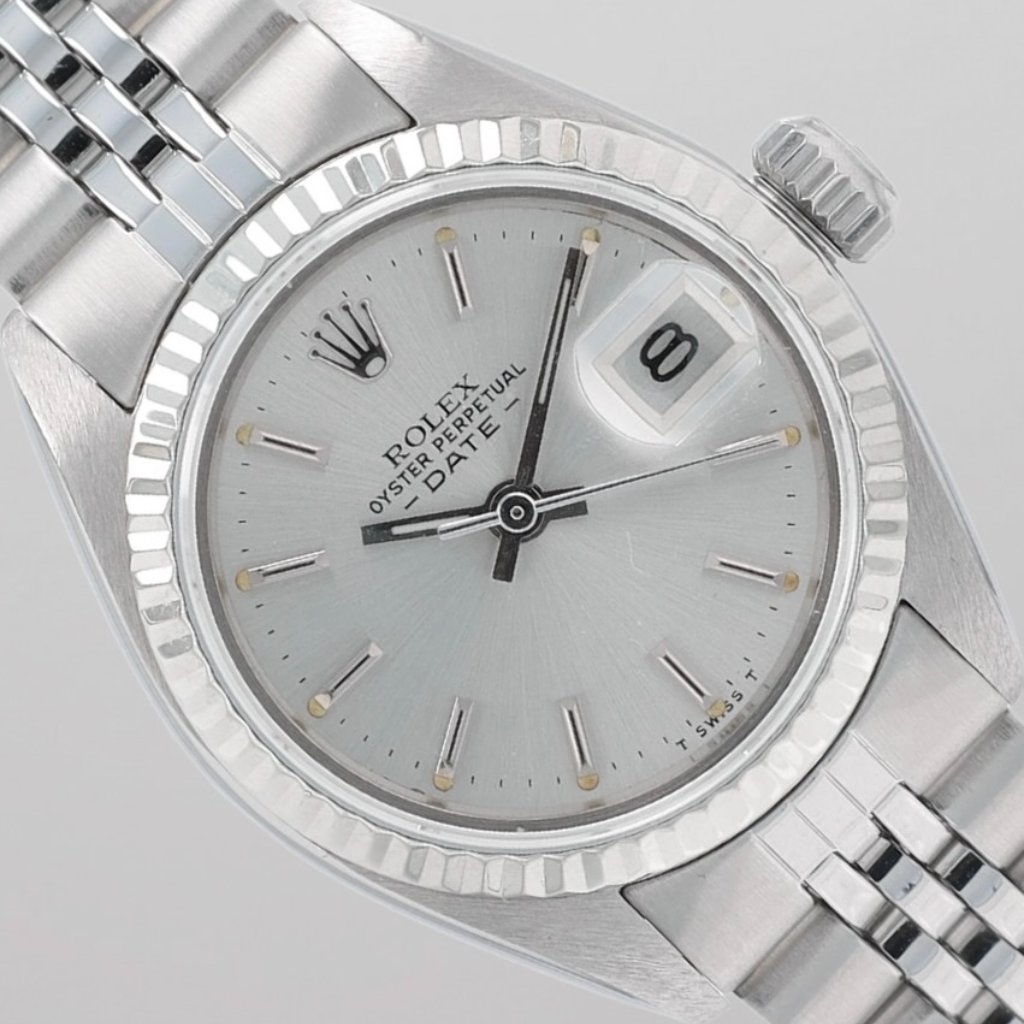 Rolex Ladies Date 26mm Steel Silver Index Dial Fluted Bezel Jubilee Band 6917